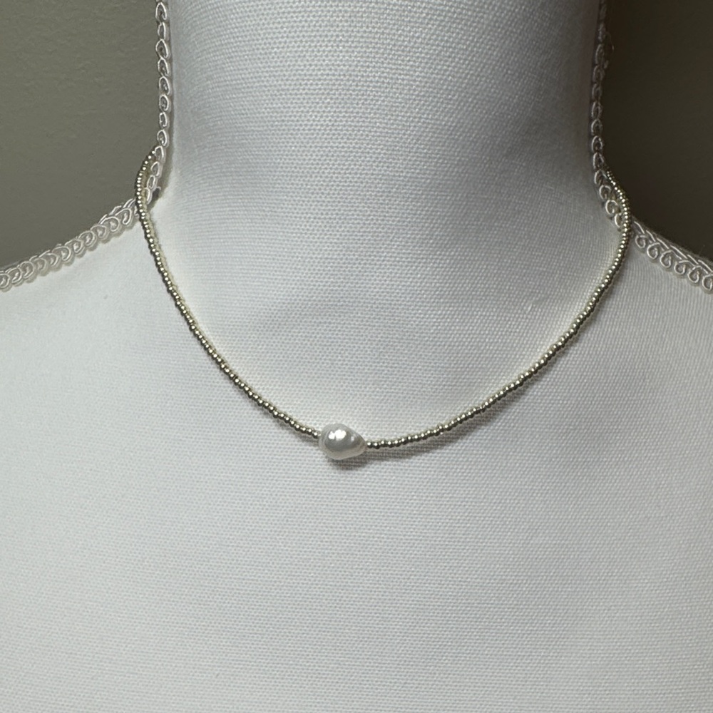 Elegant Silver Beaded and Raw Pearl Necklace